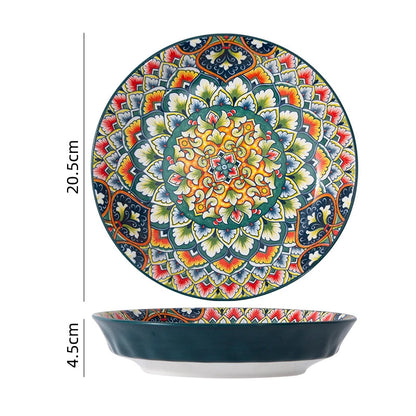 Boho Floral Green Ceramic Plate or Bowl – Retro Dinnerware for Breakfast, Salad, or Soup