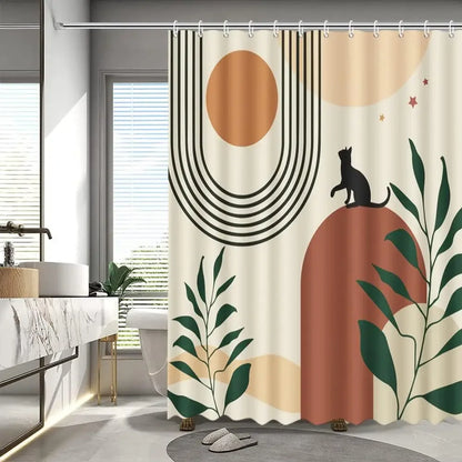 Abstract Bohemian Shower Curtain Arch Sun Moon Phases Boho Leaf Modern Minimalist aesthetic line geometric decorative Bathroom Home Decor Cat Leaves Mountains Outdoors