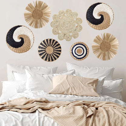 Straw Woven Wall Decoration Boho Rattan Wall Basket Decor Round Grass Weaving Ornament Rustic Seagrass Flat Hoom Hanging Crafts Fruit Bowl Wall Art for Boho Home Decor