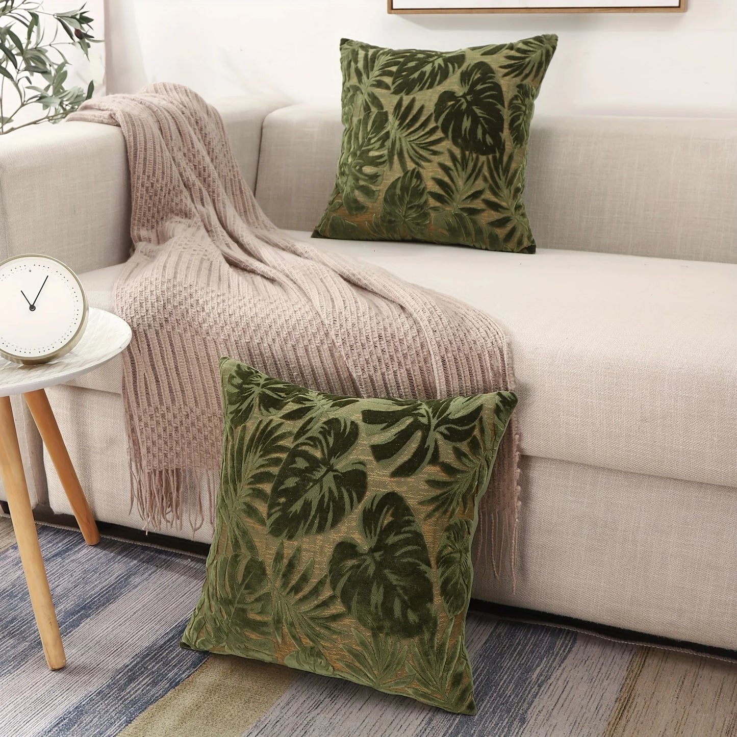 Tropical Green Leaf Chenille Cushion Cover – Jacquard Throw Pillow Cover for Boho Home Decor