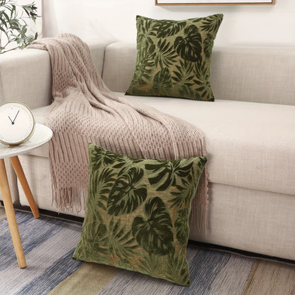 Tropical Green Leaf Chenille Cushion Cover – Jacquard Throw Pillow Cover for Boho Home Decor