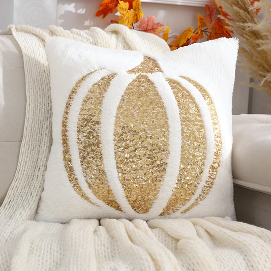 Pumpkin Gold Sequin Embroidered Pillow Cover – Plush Fall Accent for Cozy Autumn Vibes