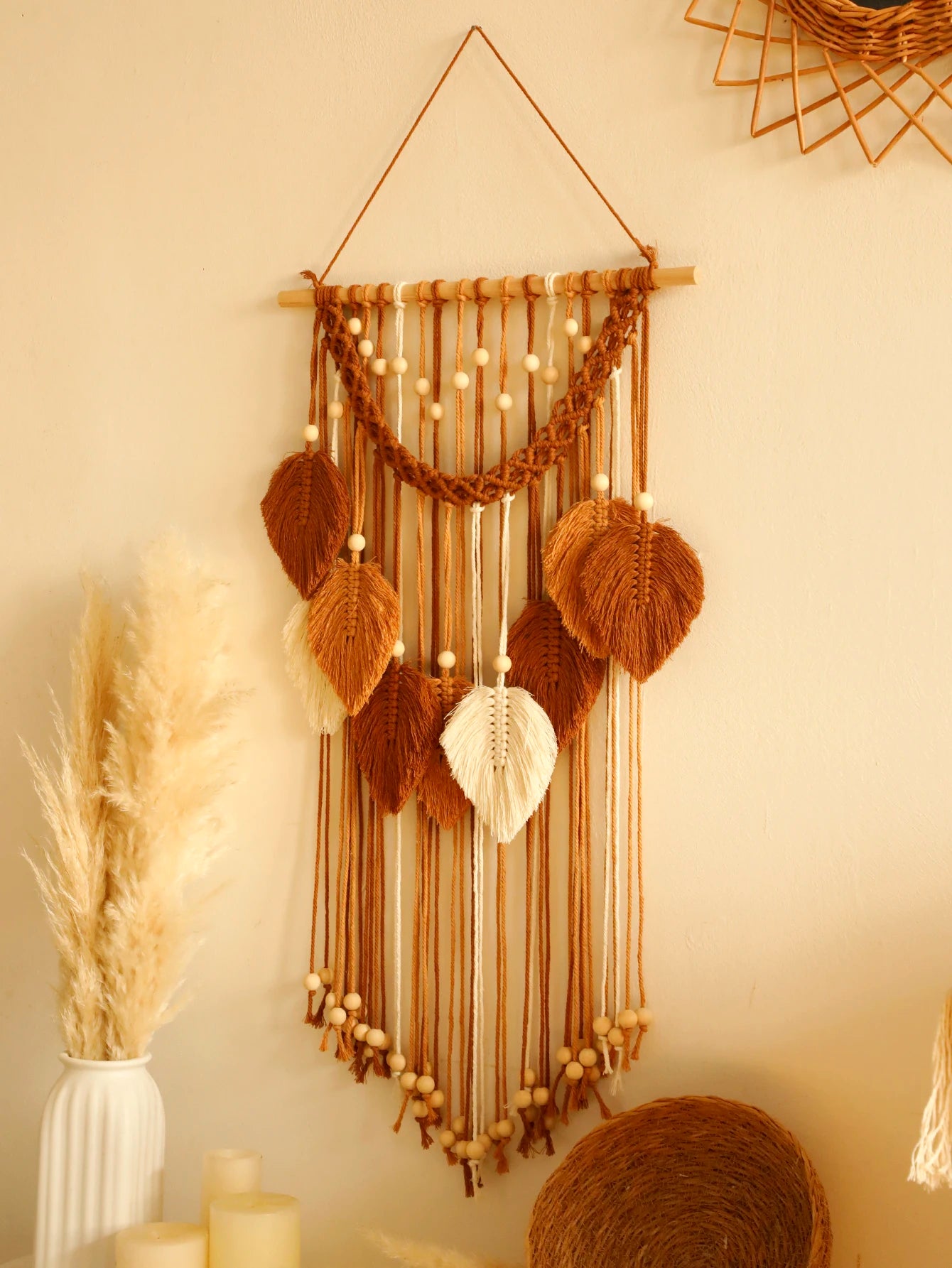 Leaf Macrame Wall Tapestry – Boho Cotton Wall Hanging in Green or Brown