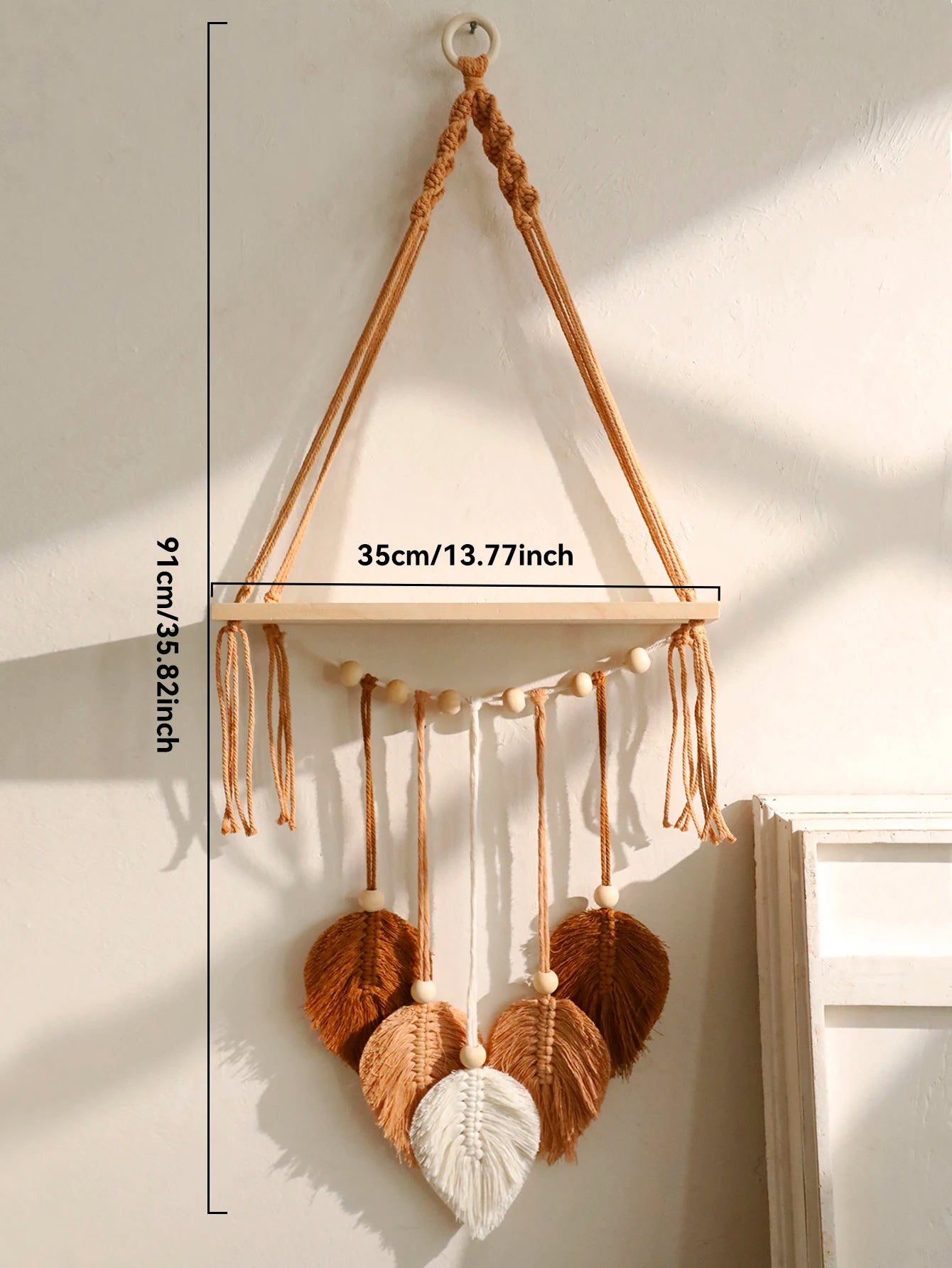 Boho Macrame Floating Wall Shelf with Leaf Tassels