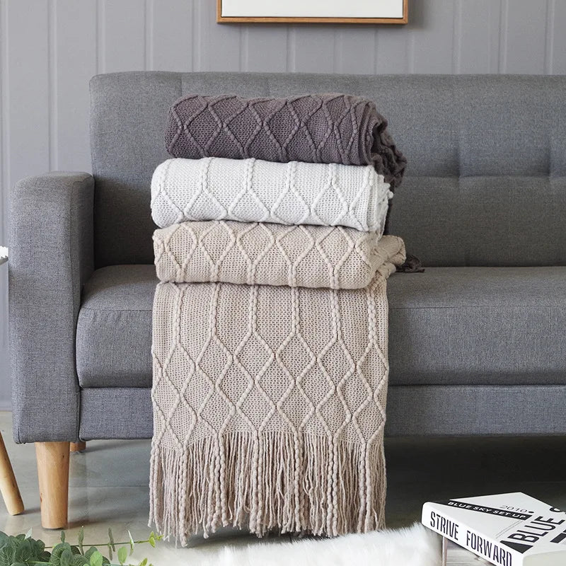 Nordic Knitted Throw Blanket with Tassels Geometric Diamond Khaki Cream Grey Luxury Bed Sofa Couch Oversized Cozy