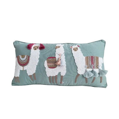 Bohemian embroidered cotton throw pillow cover in 18x18 or 12x24 inches, llama decorative cushion for sofa, bed, or lounge – stylish boho home decor accent