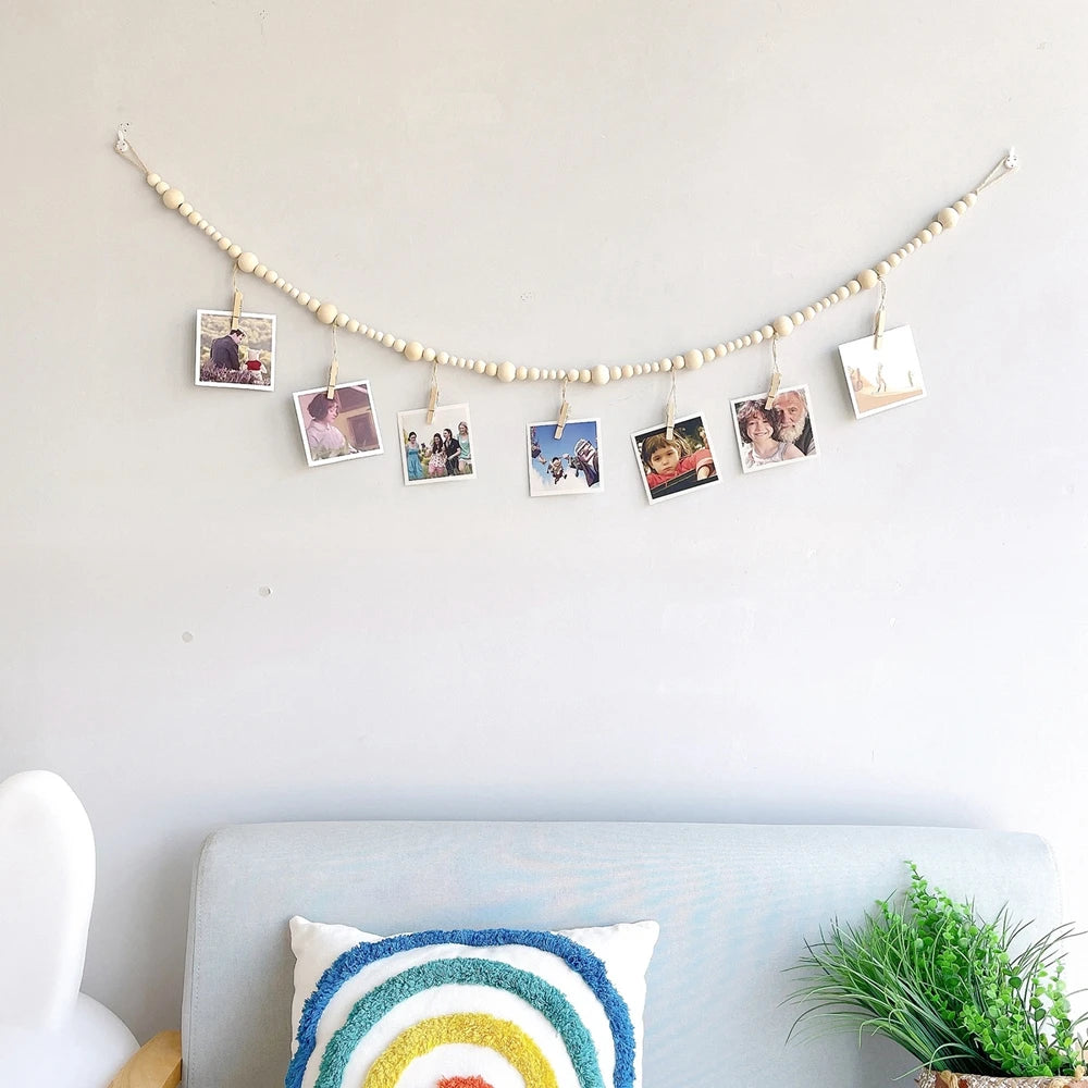 Boho Wall Hanging Photo Display with Wooden Beads & Clips – Rustic Collage Picture Holder Decor