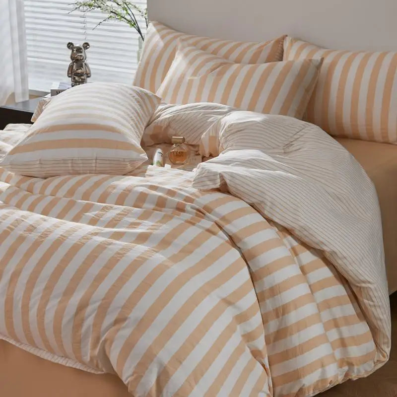 Clementine Orange Boho Striped Microfiber Bedding Set – 4-Piece Soft & Cozy Duvet Cover Set with Pillowcases & Flat Sheet