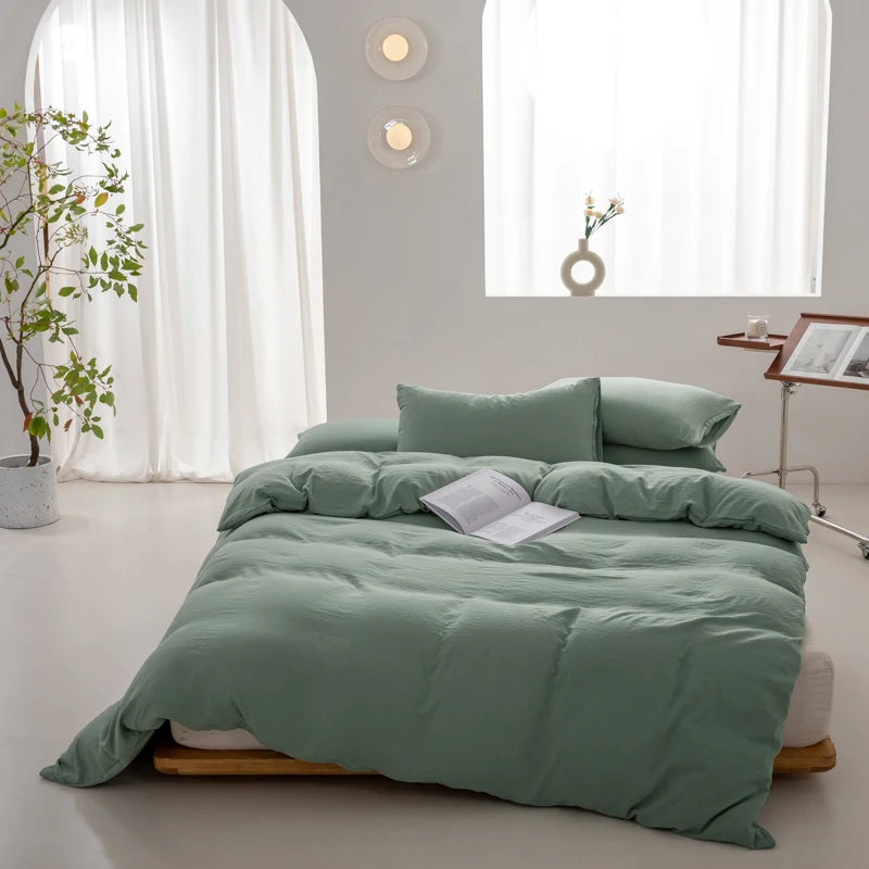 Boho Minimalist Washed Cotton Duvet Cover – Soft, Breathable & Cozy Quilt Cover for Home Green