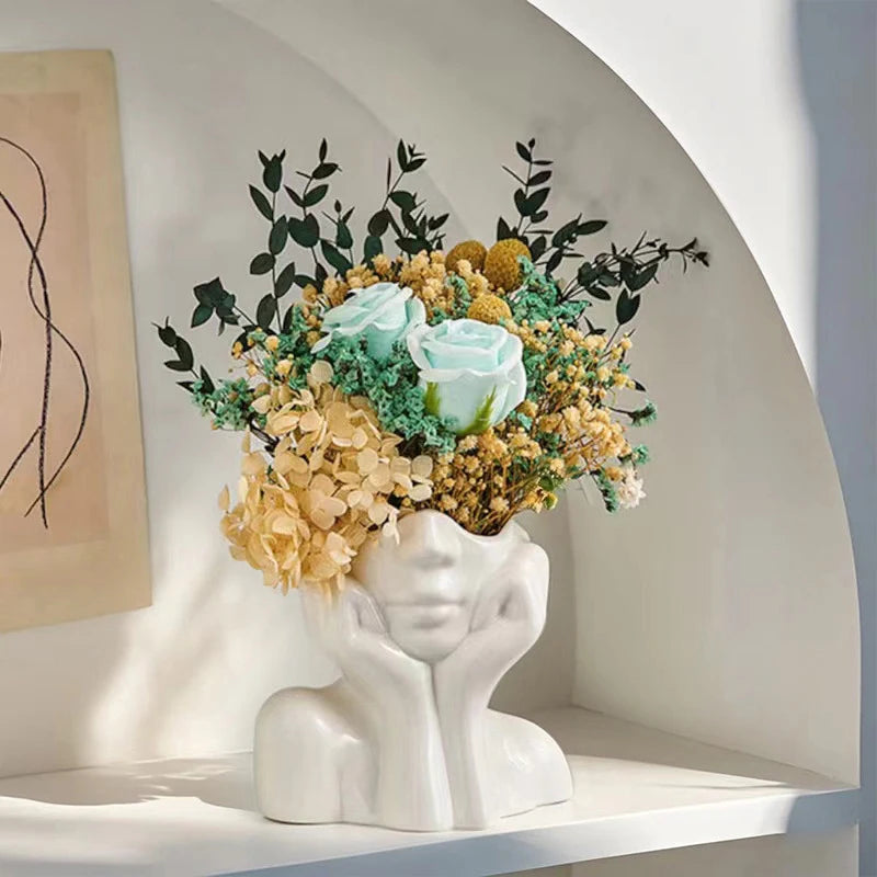 Thinking Girl Vinyl Art Vase – Nordic Style Decorative Face Planter for Flowers or Storage (4.5” Tall)