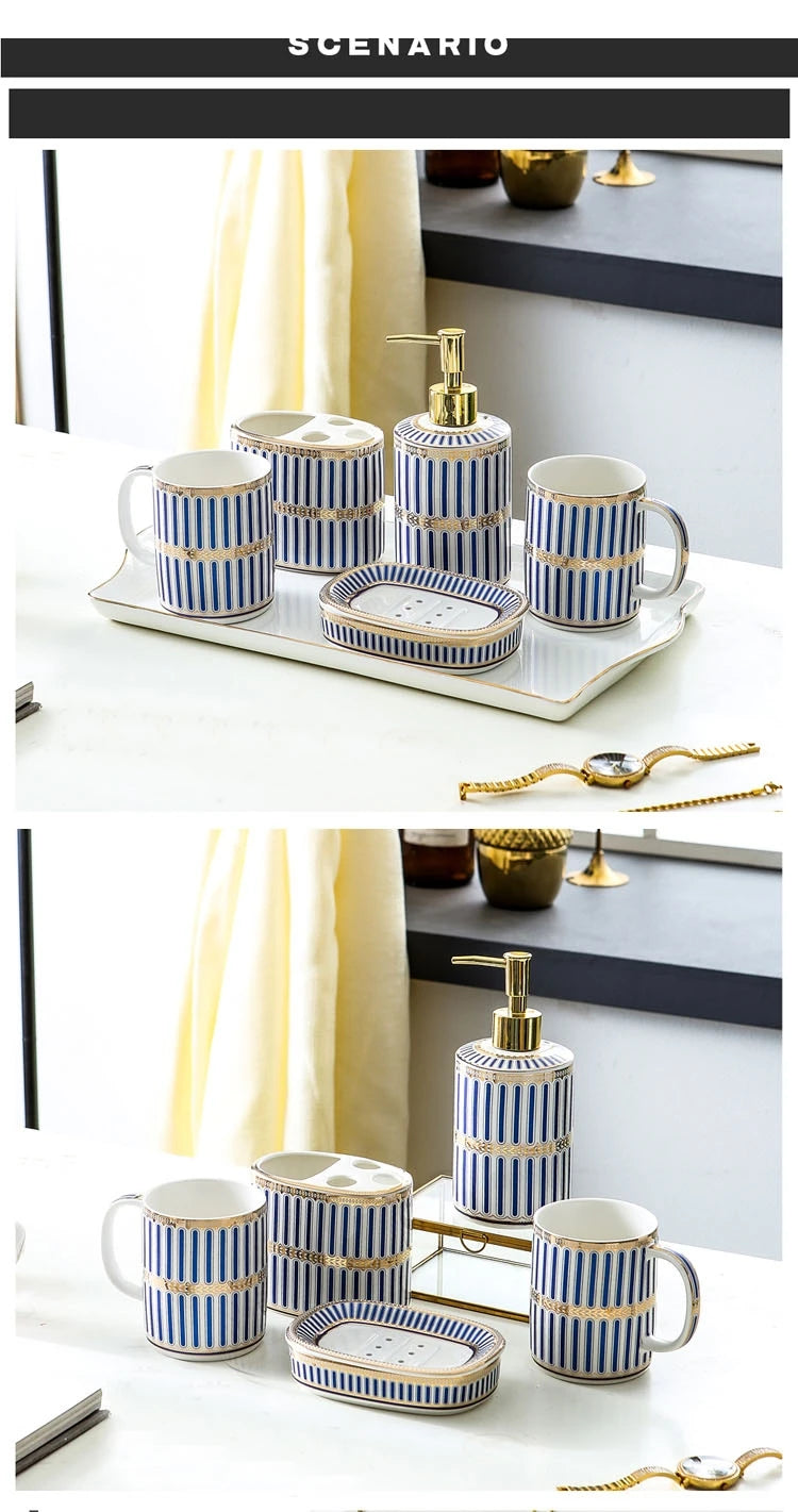 Ivory Porcelain & Gold-Plated Ceramic Bathroom Set – Pink Stripes