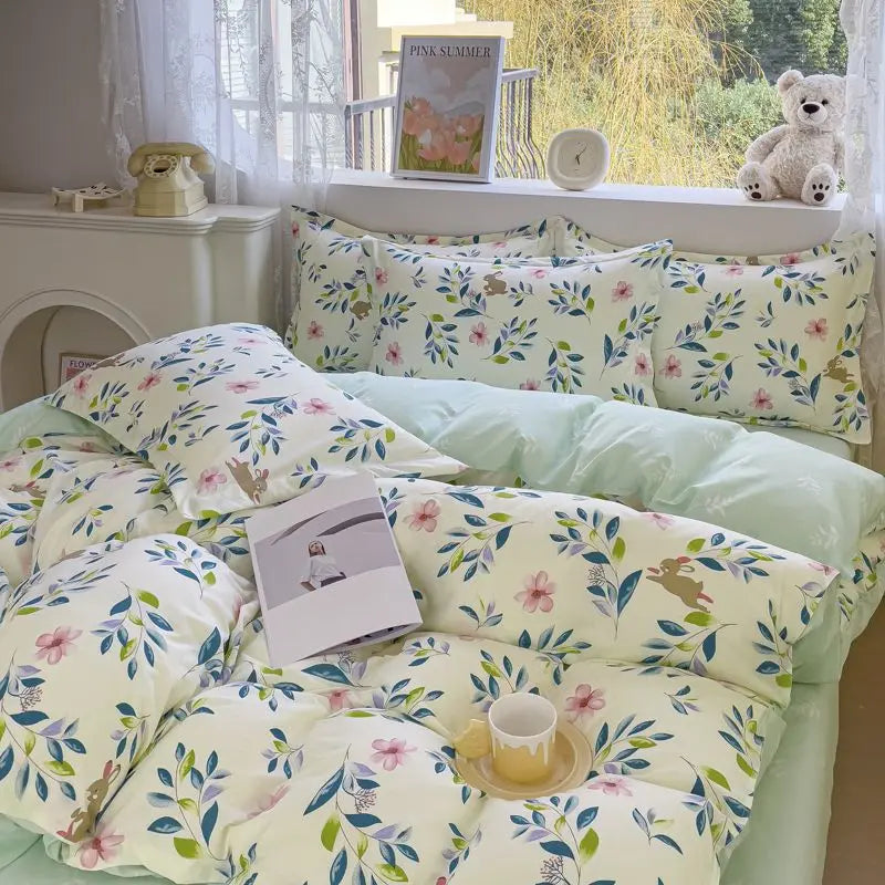Pink Floral Boho Bedding Set – Soft Microfiber Duvet Cover, Flat Sheet & Pillowcases