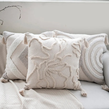Boho Tufted Cushion Cover – Handcrafted Geometric Pillowcase with Tassels