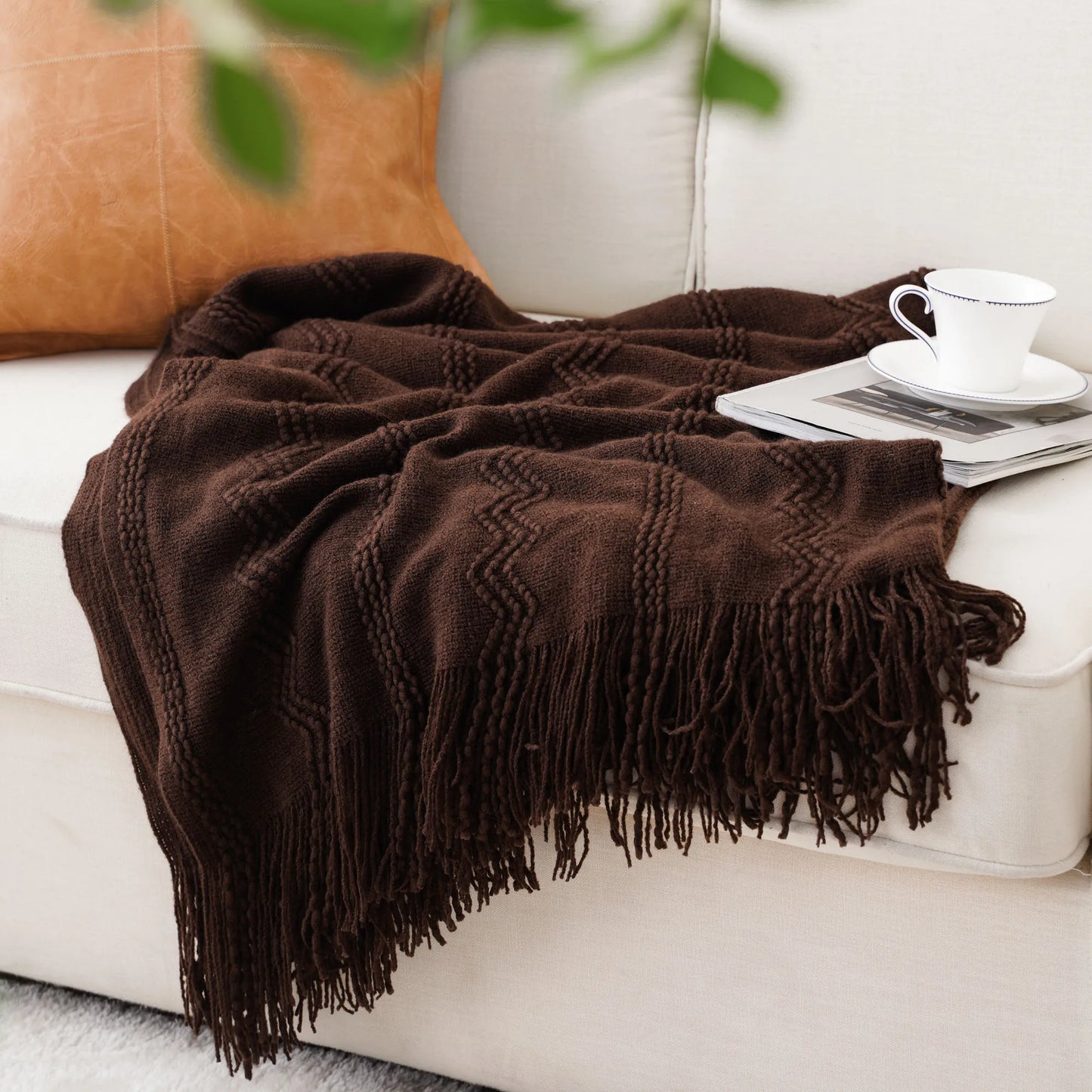 Boho Knit Throw Blanket – Soft Lightweight Acrylic Blanket with Tassels