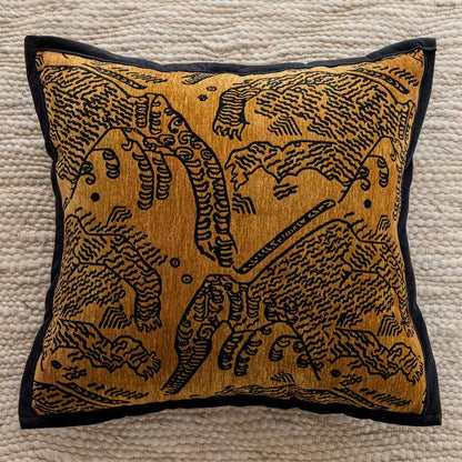 Decorative pillow with bear pattern on a textured surface. embroidery throw pillow cover in boho modern style
