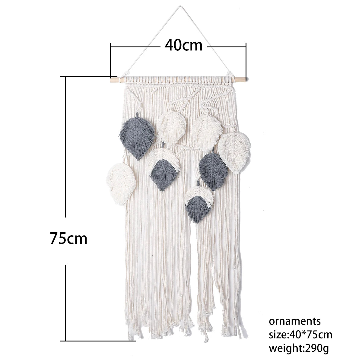 Wall hanging with decorative elements and measurements on a white background