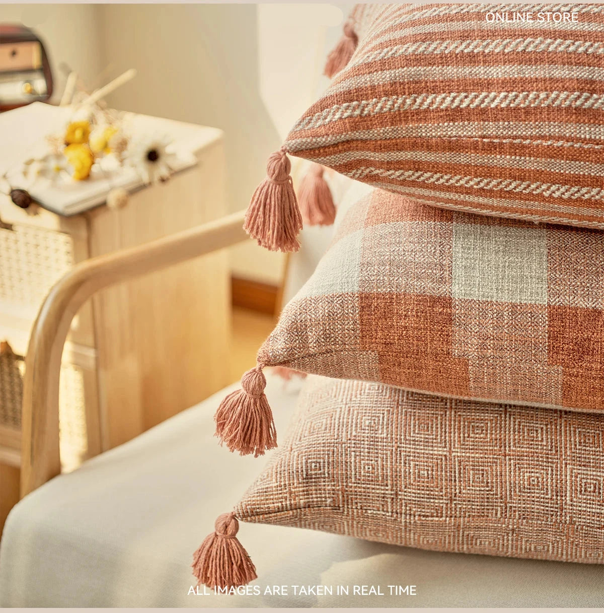 Orange linen tassels cushion cover styled on modern sofa, decorative boho throw pillow for living room, bed, or chair, perfect for cozy home vibes and housewarming gift ideas. Square and Rectangle.