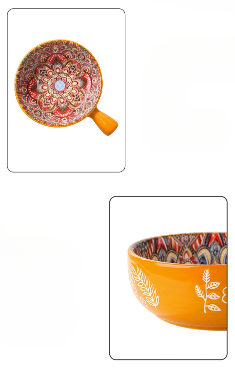 Bohemian Ceramic Single Handle Bowl – Artistic Bowl for Soups, Noodles & More