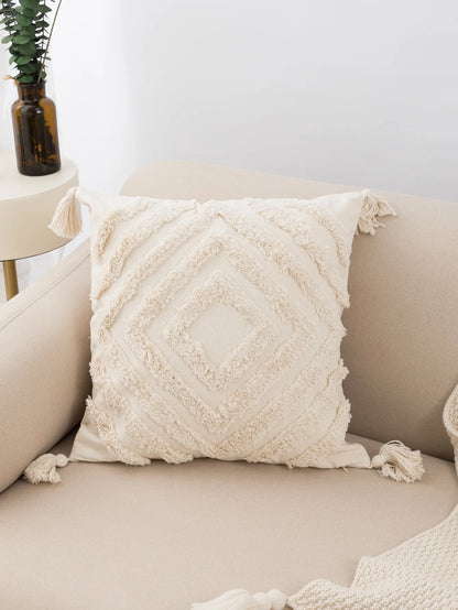 Beige Tufted Fringed Pillow Cover – Diamond Shaped Boho Home Decor Accent for Sofa, Bed & Living Room