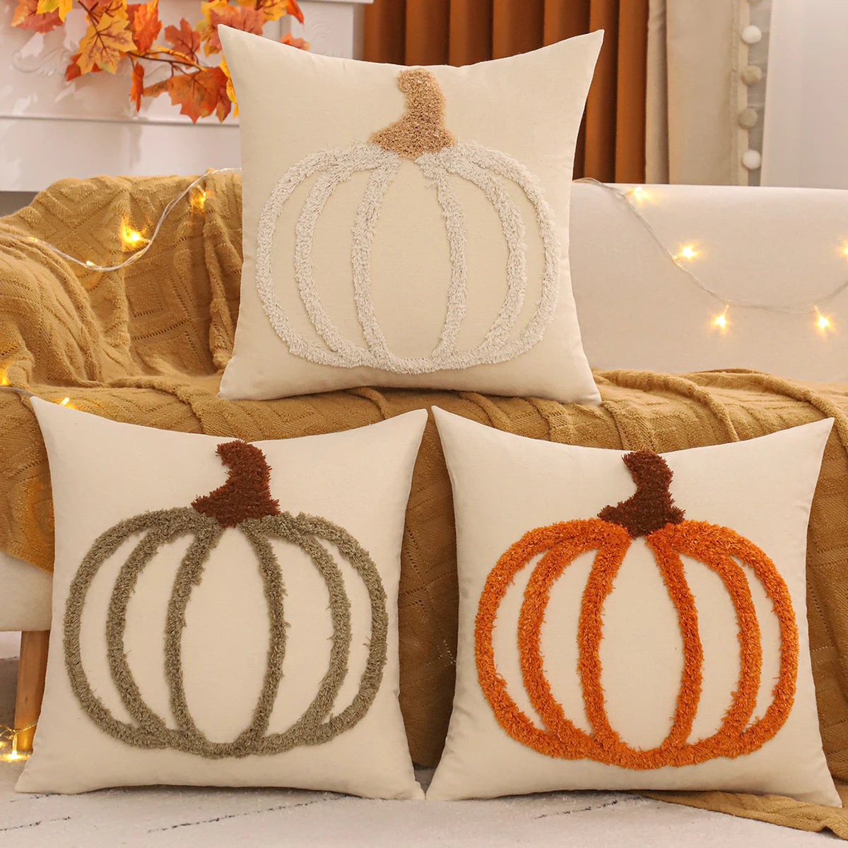 Halloween fall tufted pumpkin pillow cover, 18x18 inch square cushion case, festive fall and Thanksgiving decorative pillow for sofa, bed, or living room