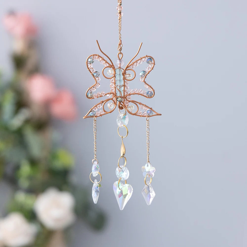 Decorative butterfly ornament with crystal elements on a blurred background boho home decor, crystal wind chime, sun catcher for windows, moon prism chime, agate stone hanging, garden art decor, patio hanging decoration, boho housewarming gift, spiritual gift, crystal suncatcher, balcony decor, meditation decor, handmade crystal chime