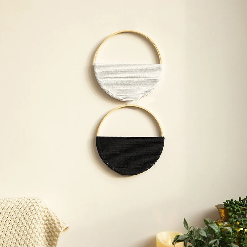 2Pcs Hand Woven Bohemian Wall Hanging Circular Wooden Cotton Rope Wall Decor Art Chic Bedroom Living Room Tapestries