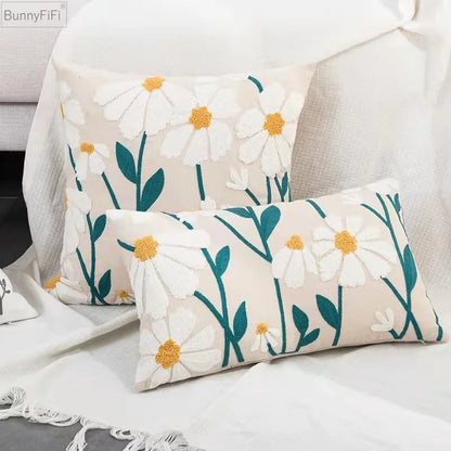 Daisy Embroidery Cozy Embroidered Throw Pillow Cover – Nordic-Inspired Boho Home Decor Accent