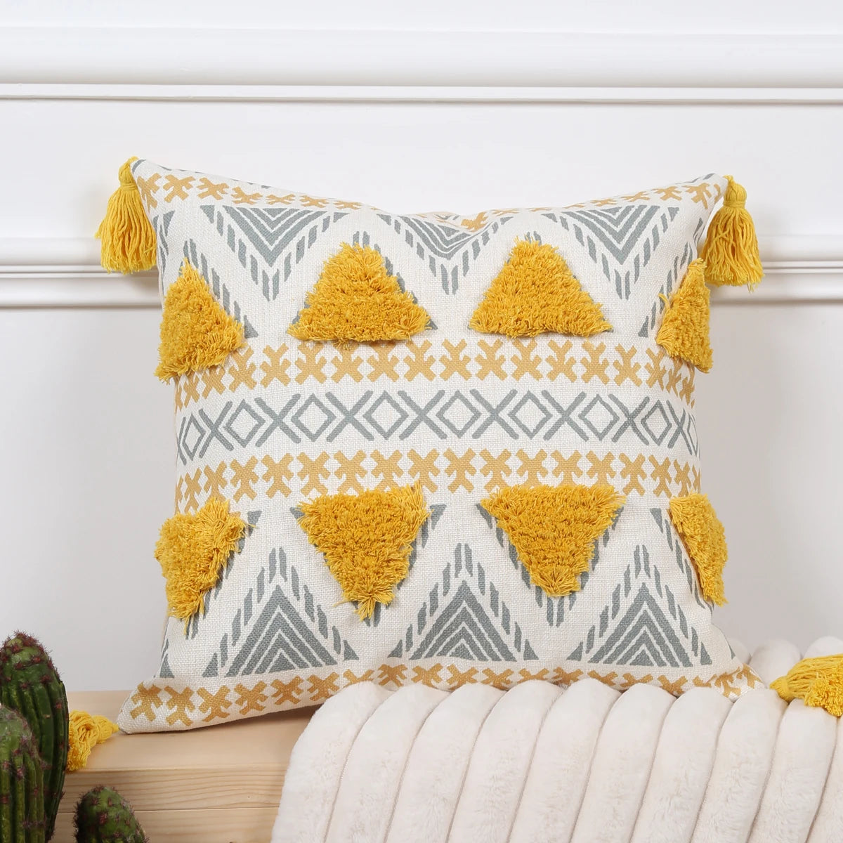 Yellow Geometric Tufted Throw Pillow Cover with Tassels – 18x18in Boho Home Decor Accent for Couch, Sofa & Bed Housewarming Gift