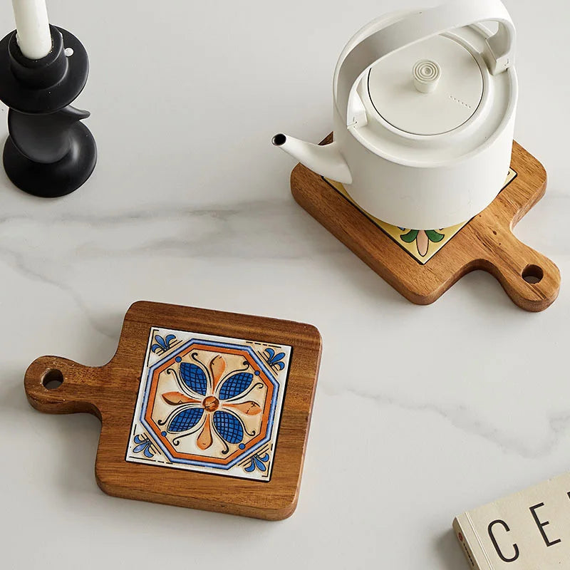 Retro Wooden Ceramic Pot Mat – Anti-Scald Trivet for Boho Home Decor
