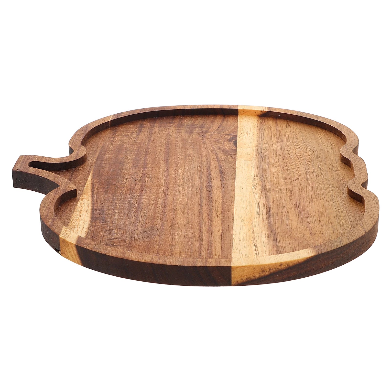 Wooden cutting board with a handle on a white background. Rustic wooden pumpkin serving platter with natural grain, charcuterie board for Thanksgiving snacks, Halloween desserts, and fall entertaining