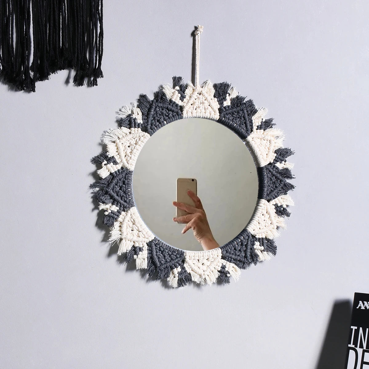 Wall Circle Mirror Macrame Boho Home Decor Mirrors for Bedroom Baby Room Decoration Nursery Sun Star Shaped