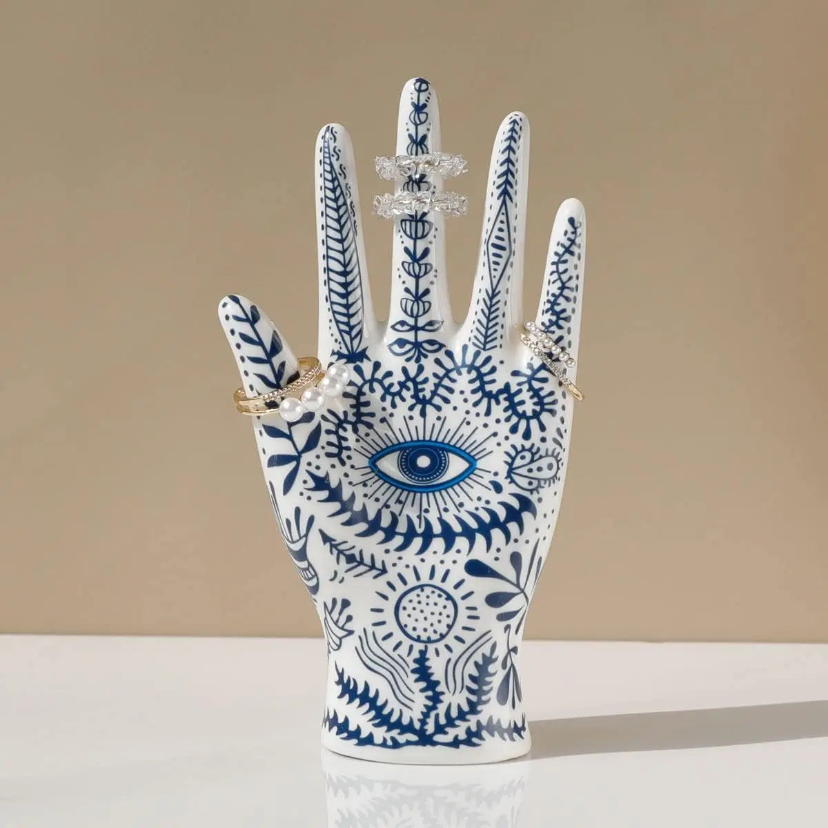 Ceramic Evil Eye Hand Jewelry Holder – Boho Display Stand for Rings, Bracelets & Necklaces