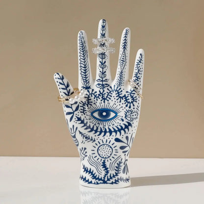 Ceramic Evil Eye Hand Jewelry Holder – Boho Display Stand for Rings, Bracelets & Necklaces
