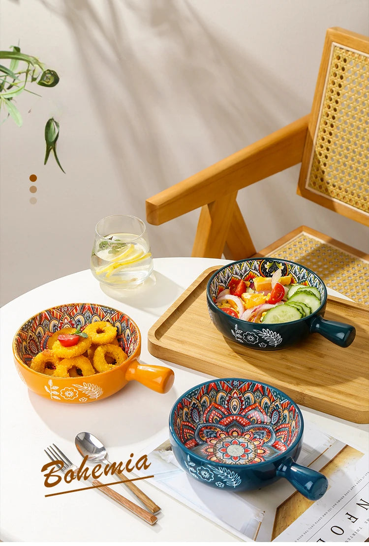 Bohemian Ceramic Single Handle Bowl – Artistic Bowl for Soups, Noodles & More