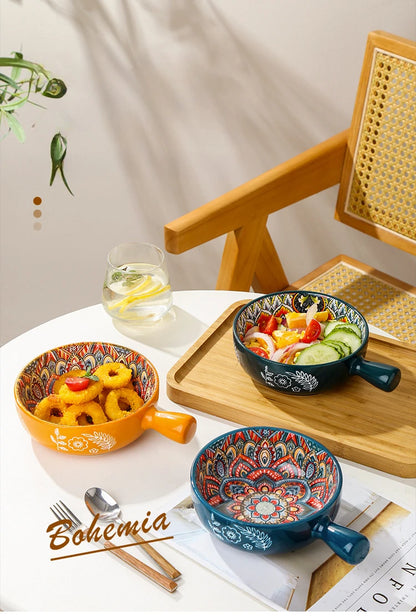 Bohemian Ceramic Single Handle Bowl – Artistic Bowl for Soups, Noodles & More