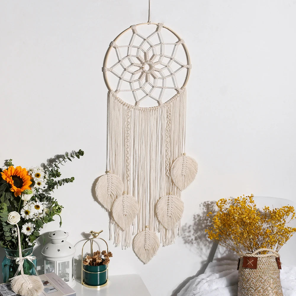 Boho Macrame Dream Catcher with Leaf Design – Handmade Tapestry Wall Hanging for Bedroom Decor