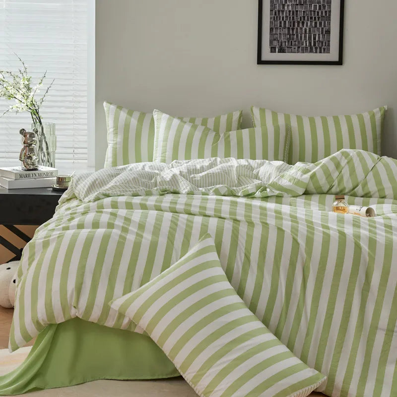 Lime Green Boho Striped Microfiber Bedding Set – 4-Piece Soft & Cozy Duvet Cover Set with Pillowcases & Flat Sheet