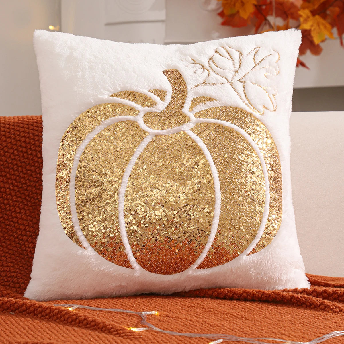 Halloween Pumpkin Gold Sequin Embroidered Plush Pillow Cover – Festive Throw Cushion for Sofa, Bed & Autumn Decor