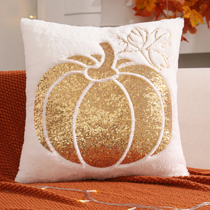 Halloween Pumpkin Gold Sequin Embroidered Plush Pillow Cover – Festive Throw Cushion for Sofa, Bed & Autumn Decor