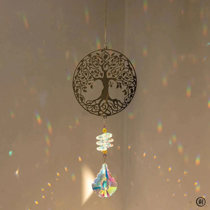 Crystal Sun Catcher with Tree of Life Pendant – Hanging Rainbow Maker & Wind Chime for Windows, Gardens, and Cars