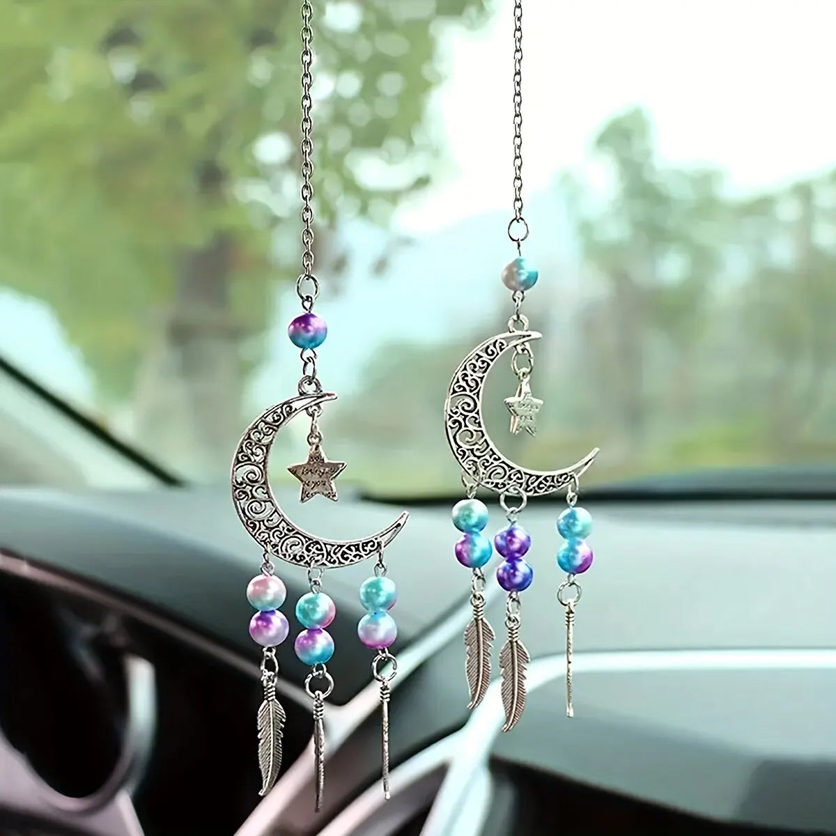 2pc Dreamcatcher Moon Wind Chime Set – Boho Metal Beaded Hanging Ornaments for Car, Window, or Home | Housewarming Gift