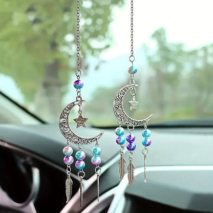2pc Dreamcatcher Moon Wind Chime Set – Boho Metal Beaded Hanging Ornaments for Car, Window, or Home | Housewarming Gift