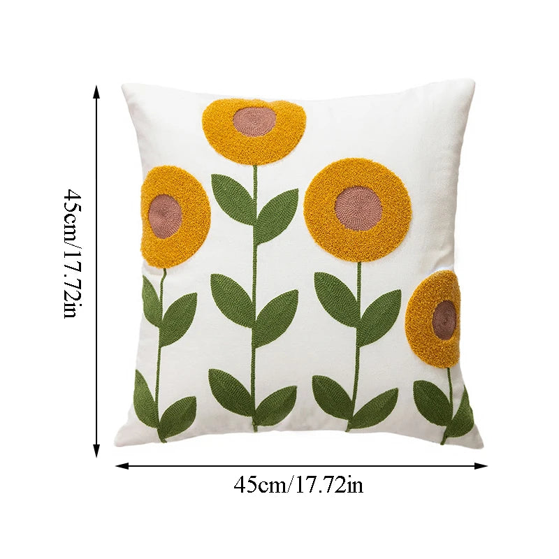 Vintage floral Sunflower embroidered pillowcase styled on a sofa, boho throw cushion cover adds texture and charm to bohemian home decor, perfect for cozy living room decor, eclectic home styling, and unique boho gifts under $50