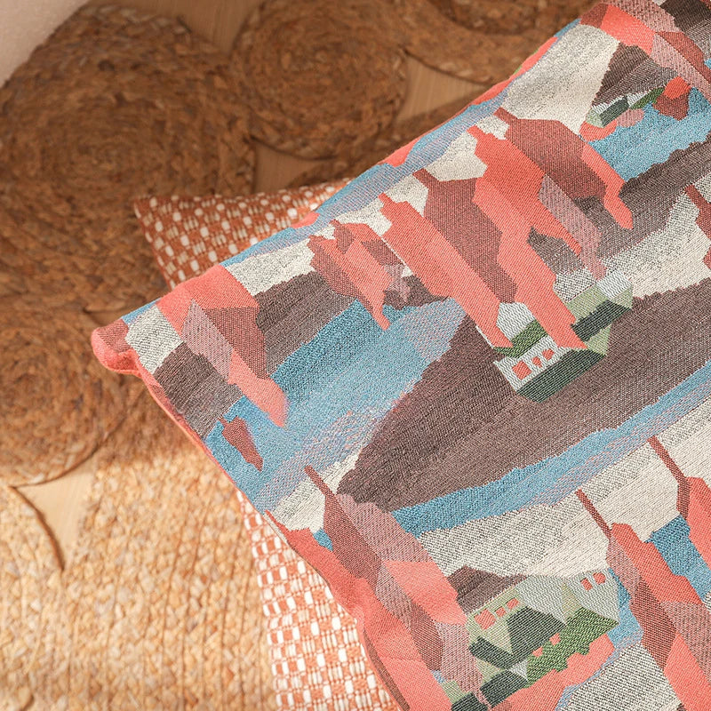 Decorative pillow with geometric pattern on a woven surface. Modern yarn-dyed throw pillow cover, luxury textured decorative cushion for sofa, bed, or window seating in soft neutral tones.