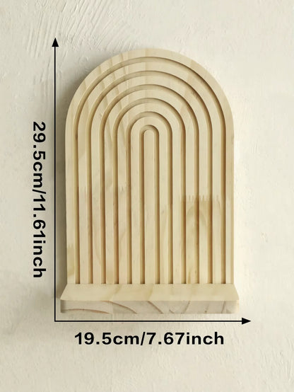Wooden arch-shaped shelf with measurements on a light background