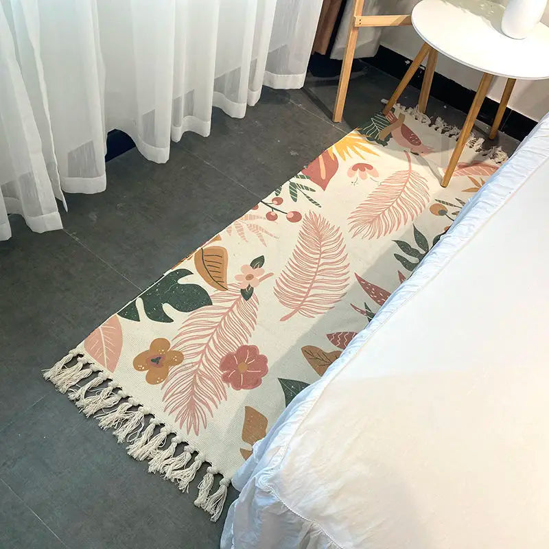 Boho Cotton Woven Leaf Geometric Rug – Anti-Slip Floor Mat for Living Room, Bedroom & Entryway