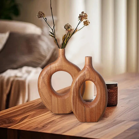 1Pc Nordic Style Solid Wood Vase Donut Design Flowerpot Dry Flower Arranging Container Ornament Living Room Table Wooden Boho Home Decor