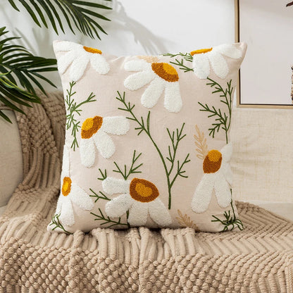 Vintage floral embroidered Daisies pillowcase styled on a sofa, boho throw cushion cover adds texture and charm to bohemian home decor, perfect for cozy living room decor, eclectic home styling, and unique boho gifts under $50