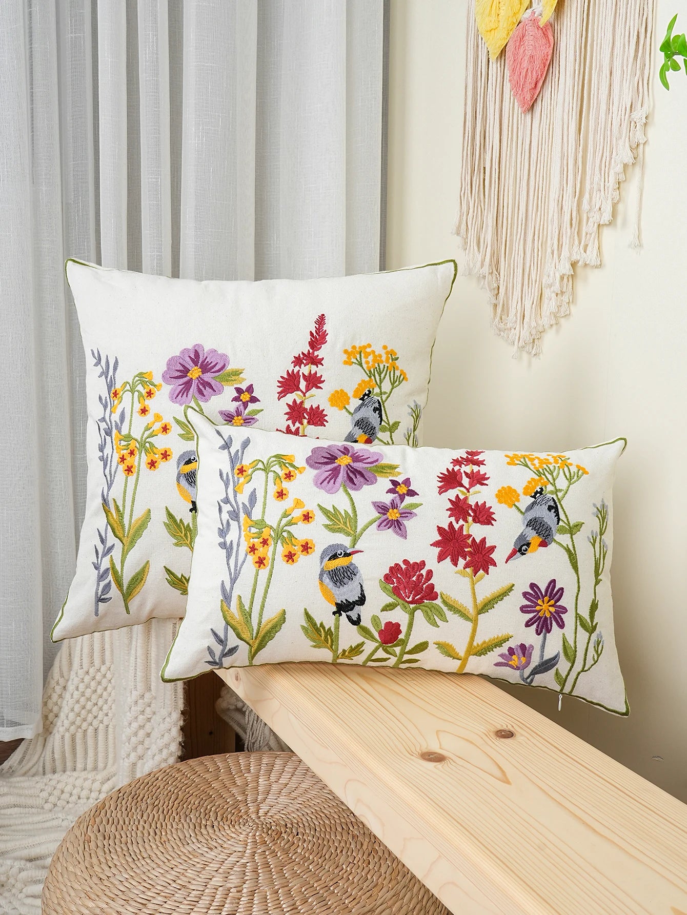 Floral Birds Embroidered Throw Pillow Cover – Boho Home Decor Accent