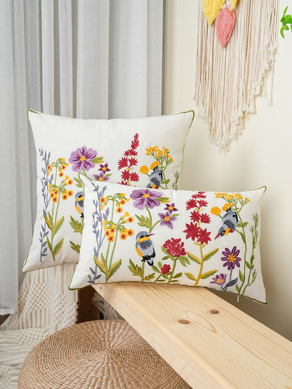 Floral Birds Embroidered Throw Pillow Cover – Boho Home Decor Accent